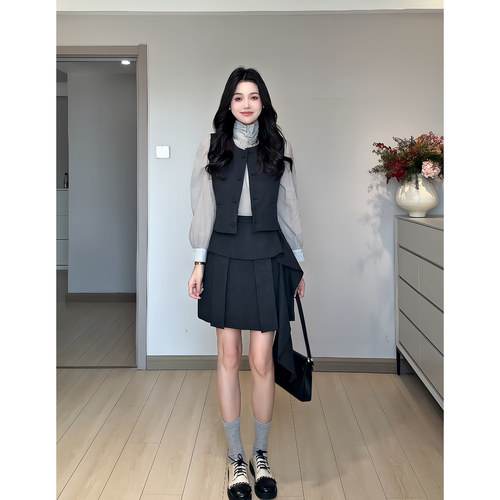 昕羽垚STUDIO 通勤百搭漂亮感马甲气质长袖衬衫女显瘦褶皱半身裙