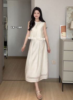 向晚意STUDIO 法式高品质定制花边背心小衫女夏季珠光花苞半身裙