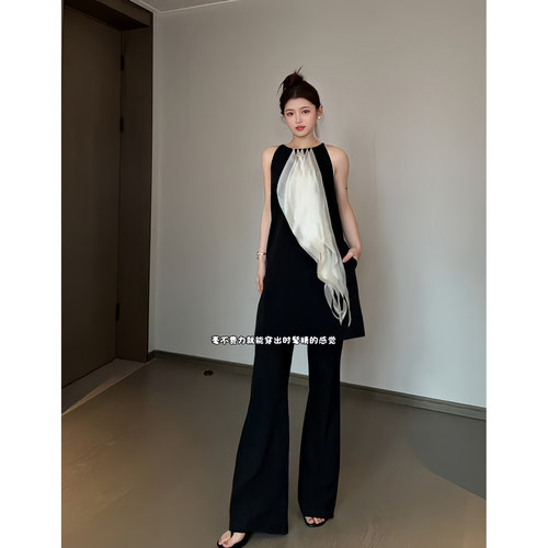 Wannvy up 法式时尚薄纱叠拼接显瘦气质无袖连衣裙女黑色休闲长裤