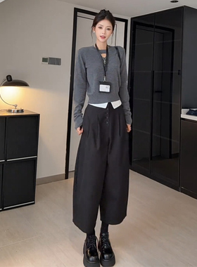 Wannvy Up 韩系时髦套装镂空针织衫女装秋季翻边拼接休闲裤两件套