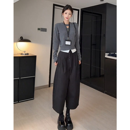 Wannvy Up 韩系时髦套装镂空针织衫女装秋季翻边拼接休闲裤两件套