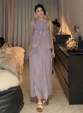 向晚意 STUDIO 紫色裙子套装女夏季时尚蝴蝶结上衣高腰缎面半身裙