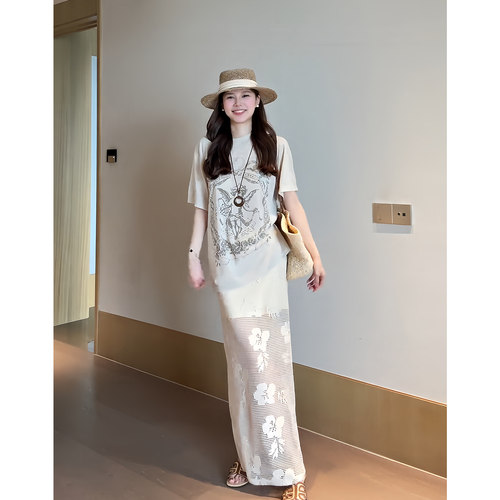 拾光里STUDIO 夏季百搭圆领印花短袖T恤蕾丝镂空半身裙两件套女装