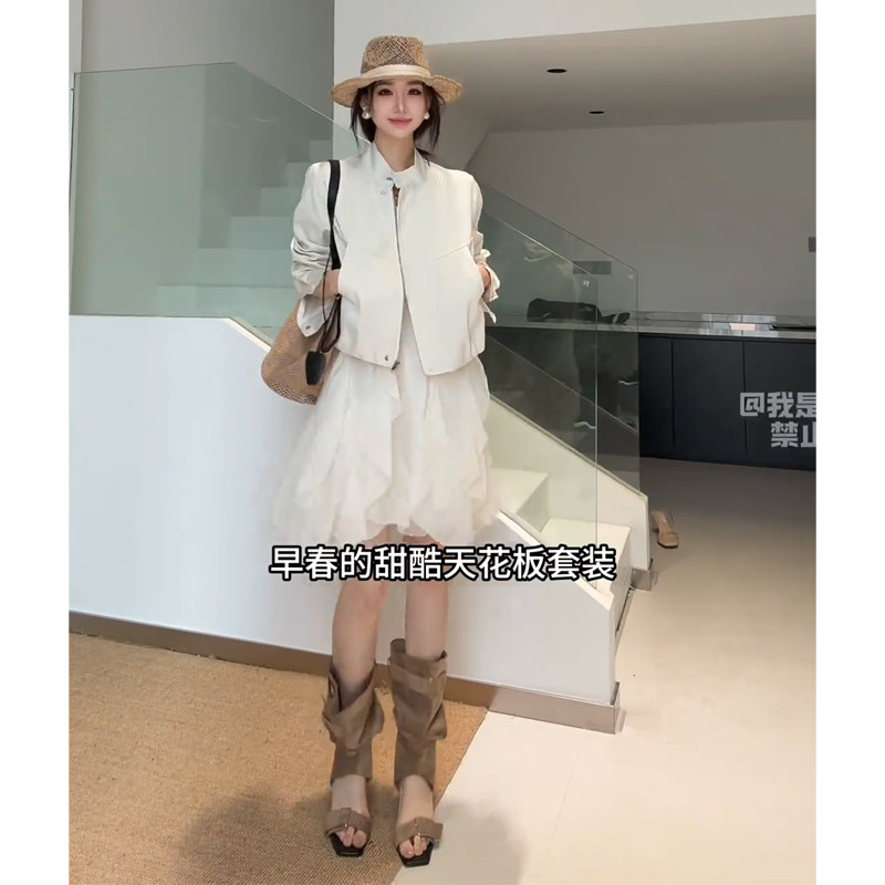 向晚意 STUDIO 早春高级感机车休闲外套蕾丝花边不规则吊带裙套装