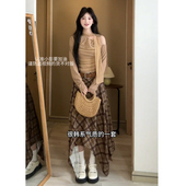 Wannvy 不规则格纹半身裙两件套 网纱褶皱上衣秋季 港风时髦套装