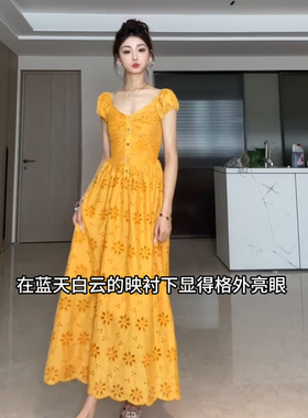 JIAHUI STUDIO 镂空刺绣连衣裙女装复古高级感气质海边度假风长裙