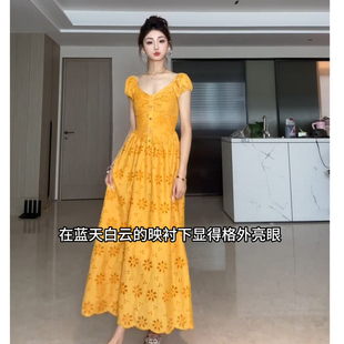 JIAHUI 复古高级感气质海边度假风长裙 STUDIO 镂空刺绣连衣裙女装