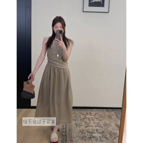 拾光里STUDIO 纯色收腰显瘦无袖连衣裙女优雅系带长款圆领长裙子