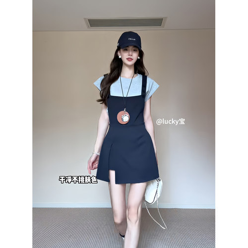 拾光里STUDIO 韩系简约休闲氛围感短袖T恤设计感连体连衣裙两件套