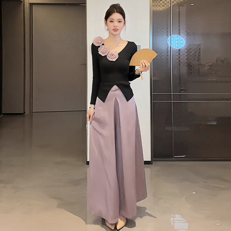 向晚意STUDIO重工玫瑰花v领套装