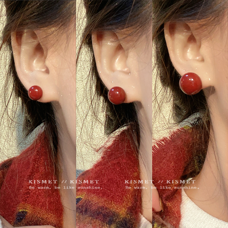 秋冬复古酒红色珍珠耳钉女925银高级感气质耳环耳饰2025新款爆款