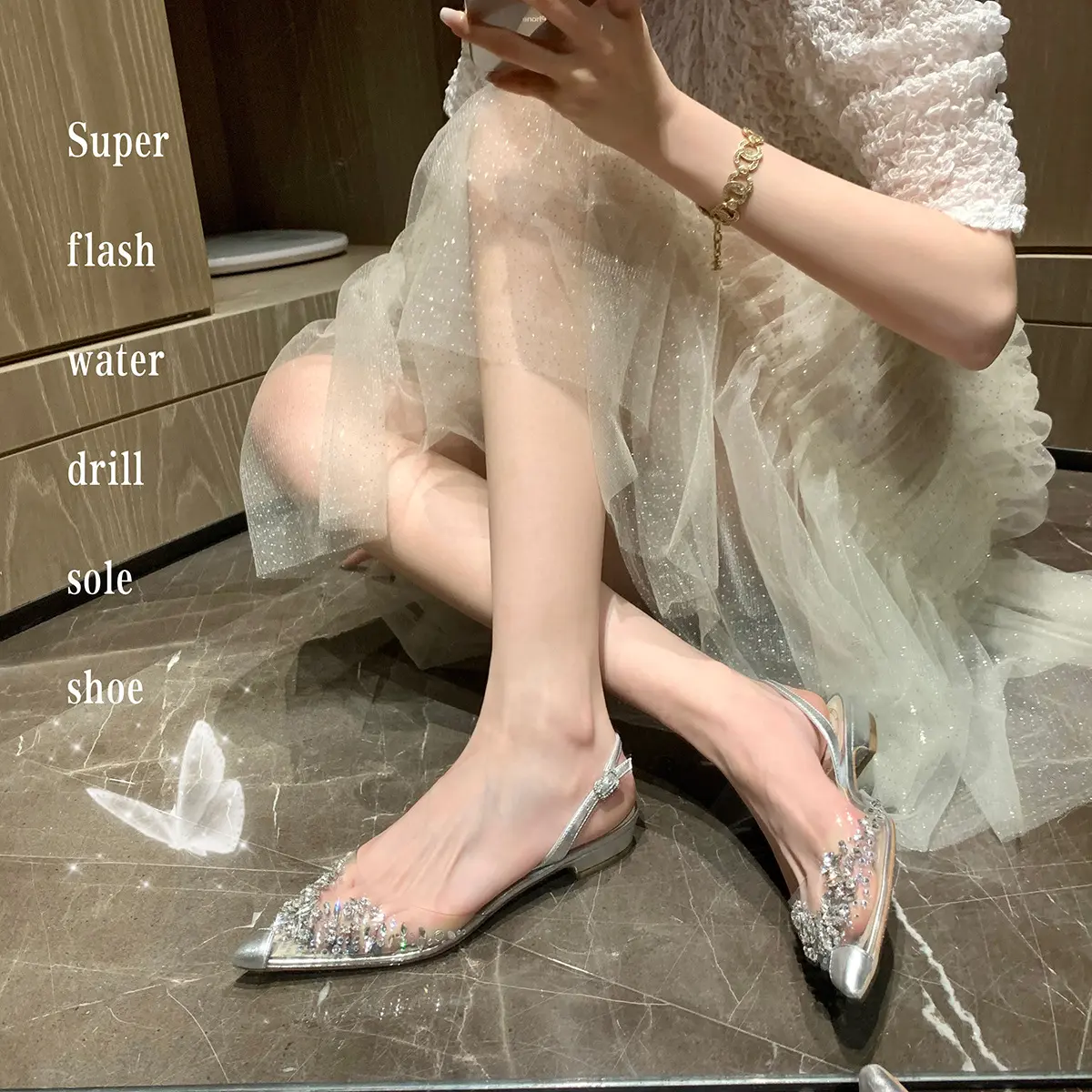 灰姑娘的水晶鞋～水钻低跟尖头凉鞋女平底鞋透气纯欲芭蕾仙女