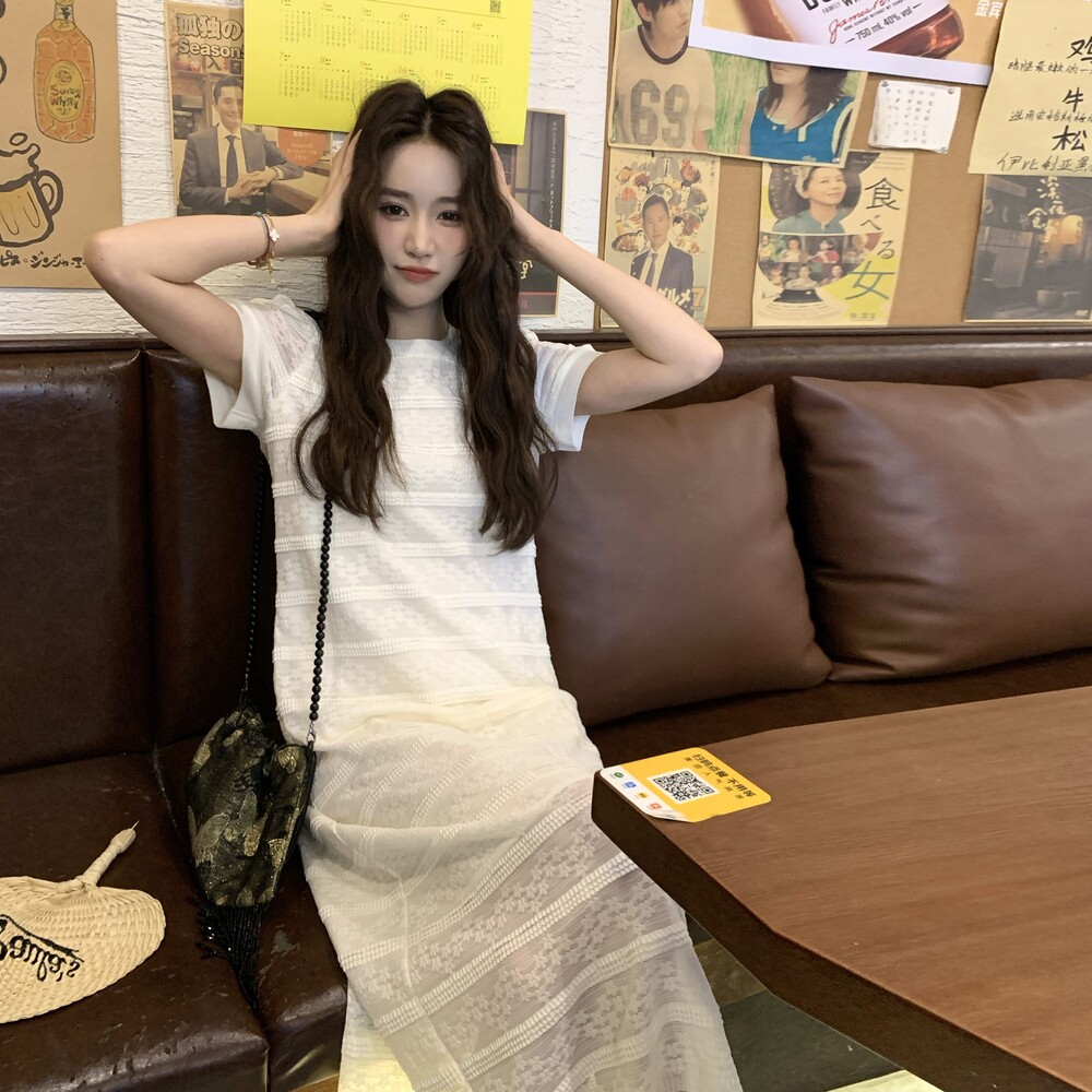 法式蕾丝泡泡袖收腰连衣裙女夏高级感小香风气质优雅中长款蛋糕裙,女装连衣裙,2C309