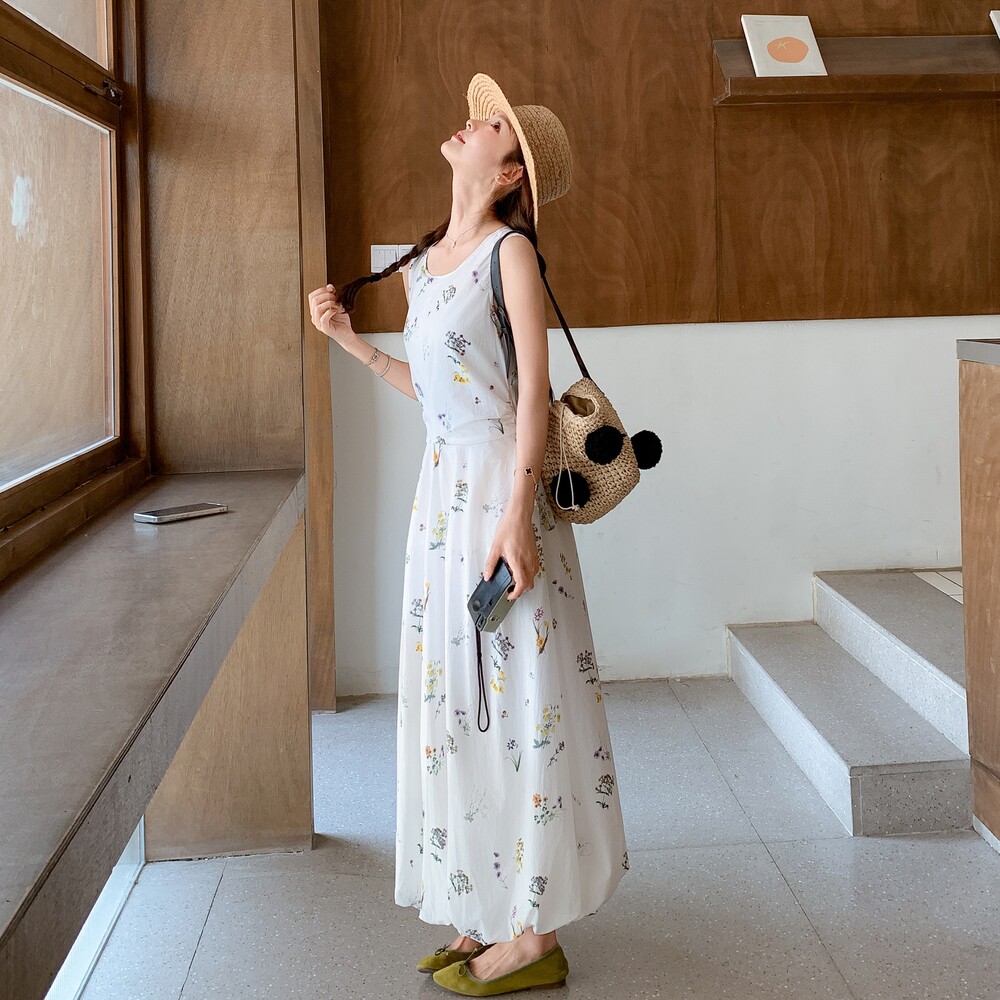 时尚设计感宽松显瘦圆领碎花无袖连衣裙夏季新款百搭减龄休闲长裙,女装连衣裙,2C309