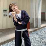 休闲运动藏青色连帽卫衣阔腿裤套装女春秋大方得体超火流行两件套，女装套装/套裙，2C309
