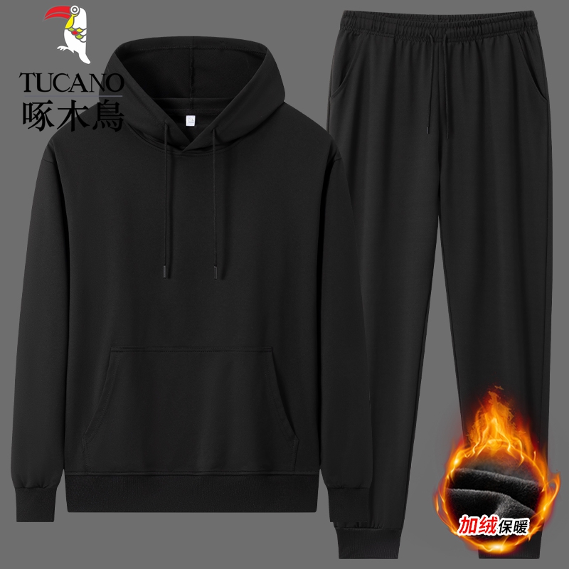 啄木鸟休闲两件套男春秋季长裤卫衣套装休闲加厚款加绒运动连帽