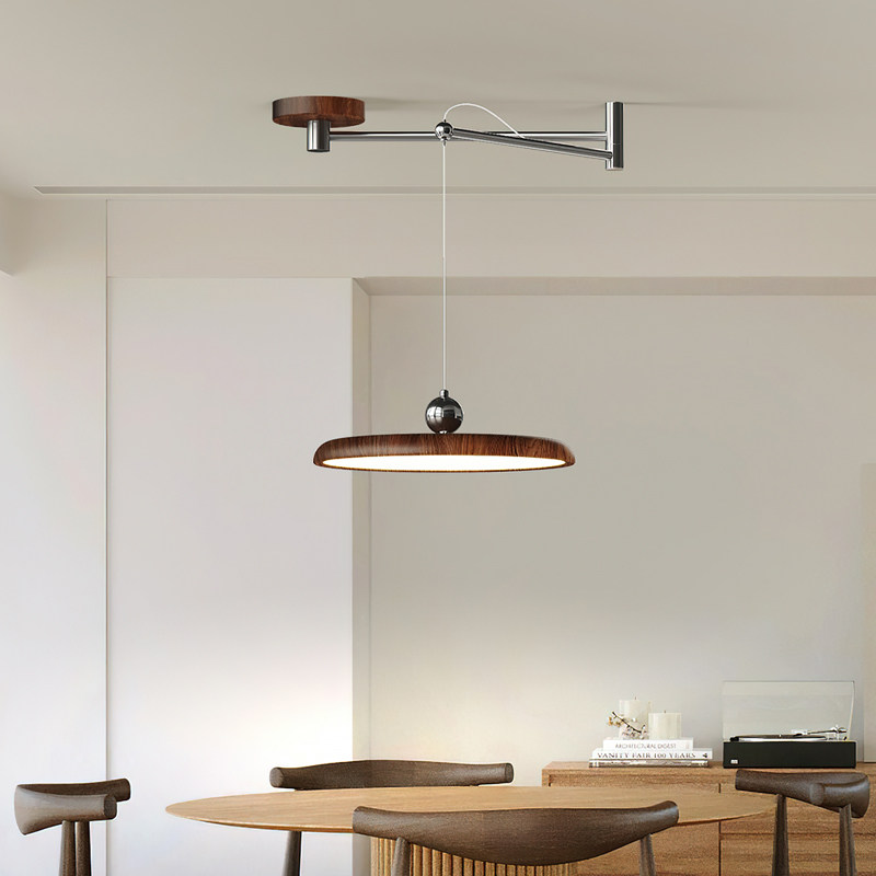 中古风可移位摇臂餐厅吊灯复古胡桃木纹护眼饭厅吧台主灯飞碟吊灯,家装灯饰光源,餐厅吊灯,淘宝优惠券,粉丝福利购,淘宝优惠卷