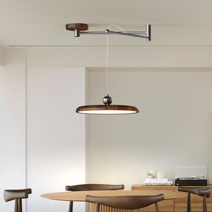 中古风可移位摇臂餐厅吊灯复古胡桃木纹护眼饭厅吧台主灯飞碟吊灯