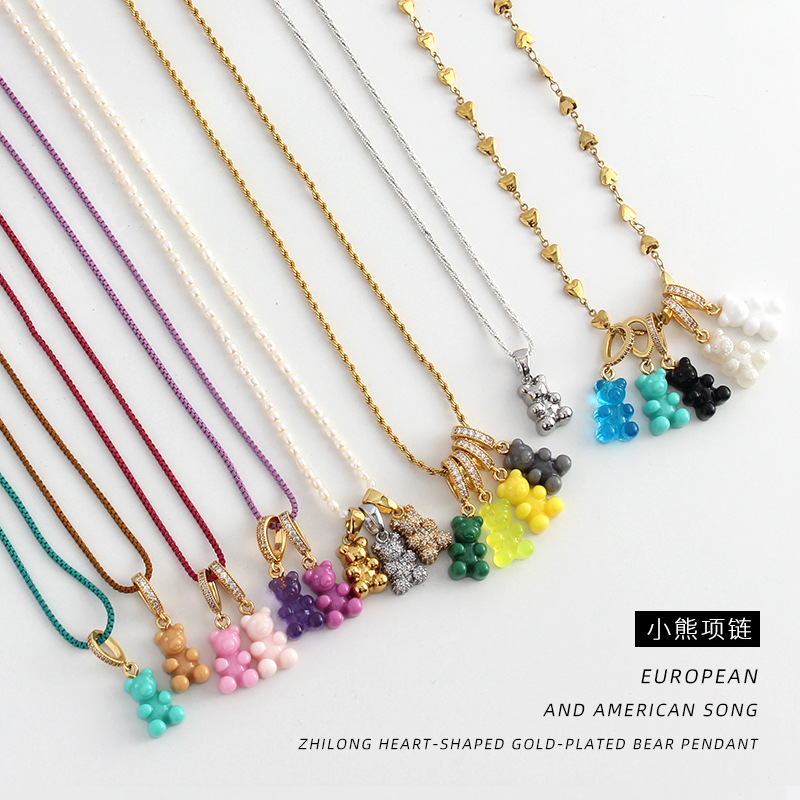 欧美ins软糖小熊项链 男女韩国爆款心形镀金彩色糖果小熊吊坠项链