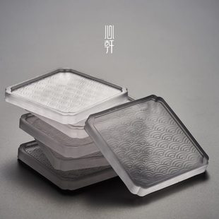 隔热垫功夫茶具小茶碟家用 心轩方形玻璃茶杯垫透明茶杯托波浪日式