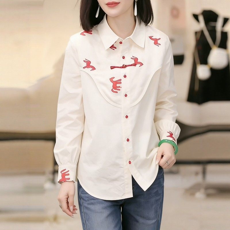 新中式国风小马印花长袖衬衫女春秋衬衣POLO领减龄单排扣宽松上衣,女装/女士精品,大码内搭,淘宝优惠券,粉丝福利购,淘宝优惠卷