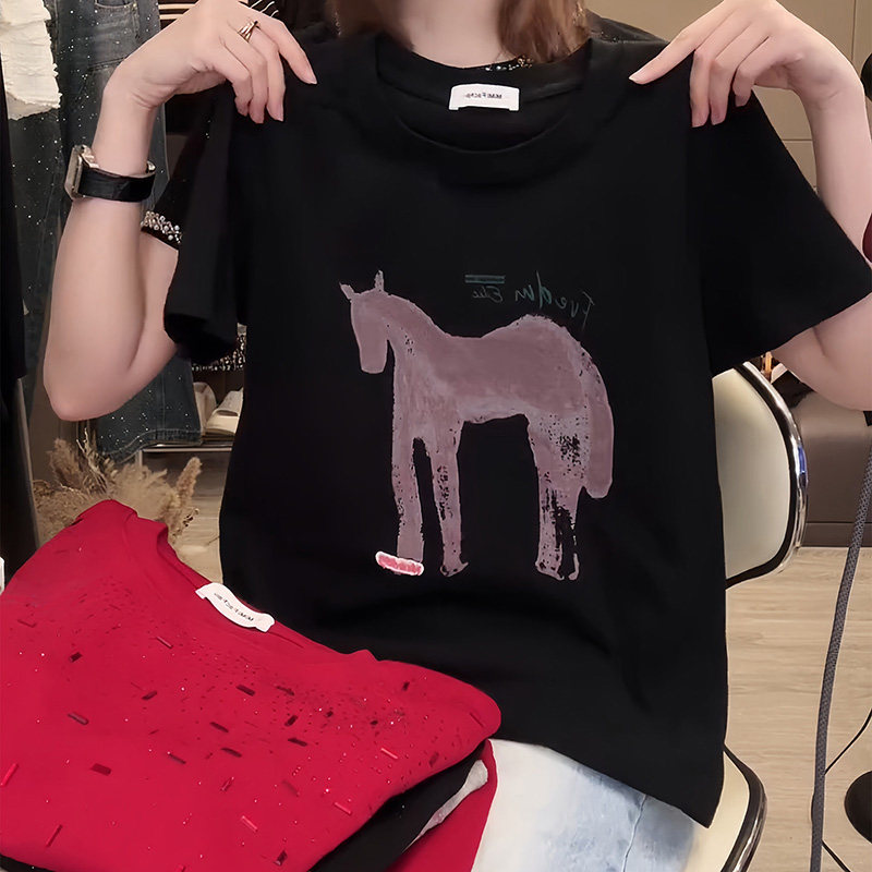 美式粉色小马印花短袖T恤女欧洲站春夏时尚圆领宽松打底衫上衣潮,女装/女士精品,大码内搭,淘宝优惠券,粉丝福利购,淘宝优惠卷