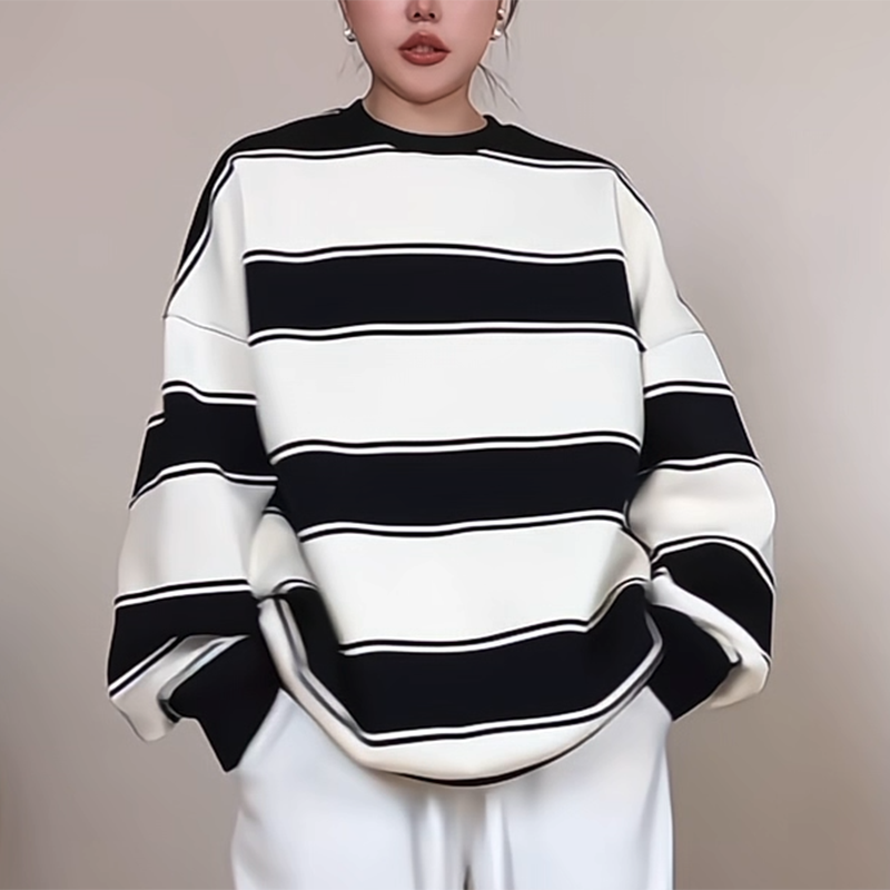 韩系慵懒风条纹长袖卫衣女宽松百搭黑白撞色上衣大码bf情侣外套潮