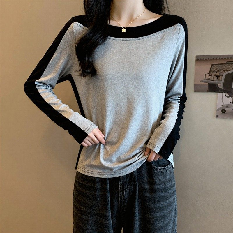 复古撞色拼接长袖T恤女春秋气质体恤修身显瘦上衣大领口打底衫潮,女装/女士精品,大码内搭,淘宝优惠券,粉丝福利购,淘宝优惠卷