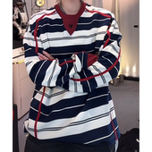 百搭复古条纹长袖 圆领卫衣女秋冬撞色宽松设计感休闲上衣美式 外套
