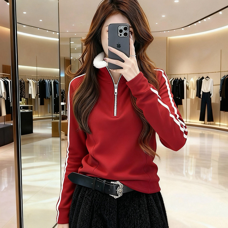 红色半高领拉链卫衣女套头打底衫