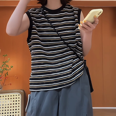 百搭宽松显瘦背心女撞色圆领小衫