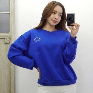 小个子韩系休闲风圆领卫衣女蓝色落肩袖 内搭体恤上衣 字母印花长袖
