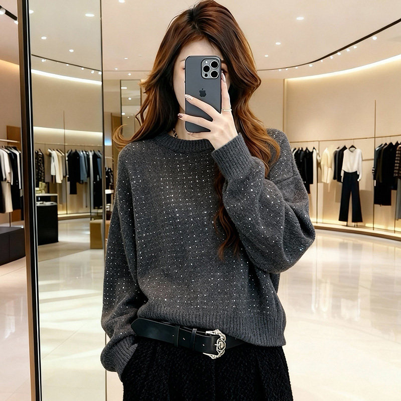 亮闪闪灰色圆领针织衫长袖毛衣女秋冬套头宽松显瘦百搭高级感上衣,女装/女士精品,大码内搭,淘宝优惠券,粉丝福利购,淘宝优惠卷