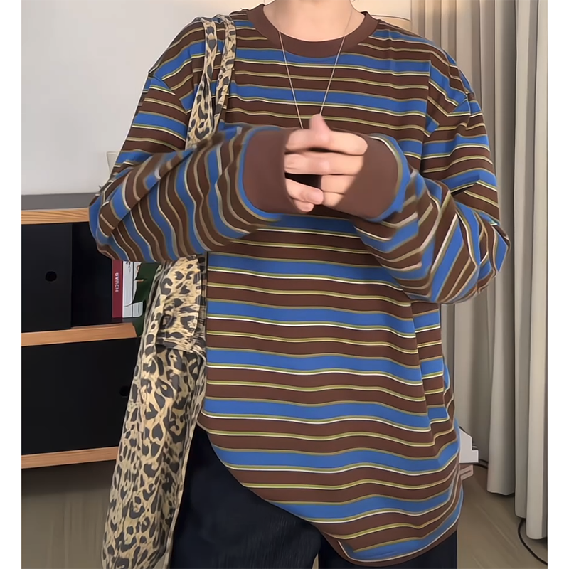 秋冬撞色条纹打底衫宽松显瘦T恤