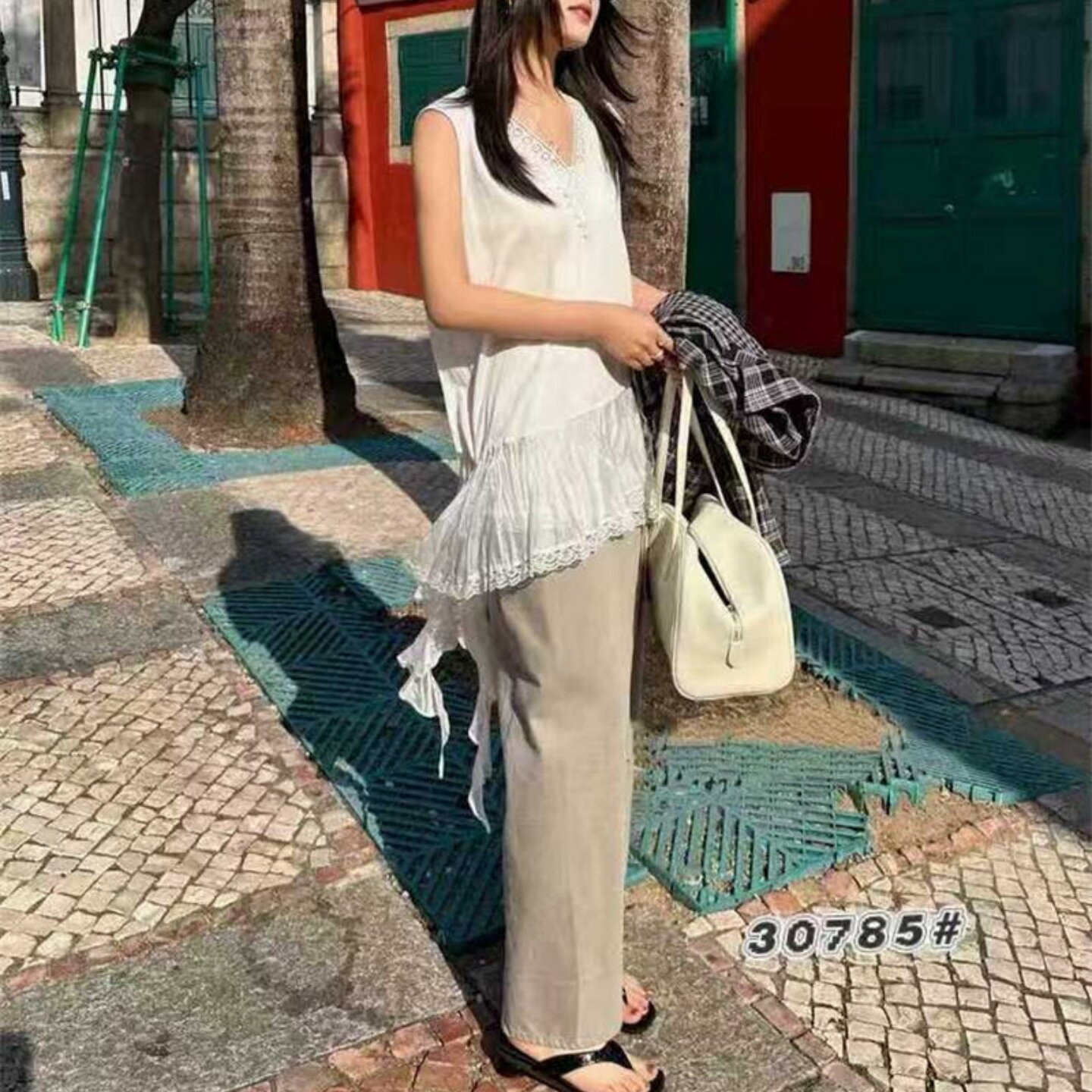 拼接蕾丝边V领不规则吊带无袖内搭背心女中长款洋气百搭时尚上衣