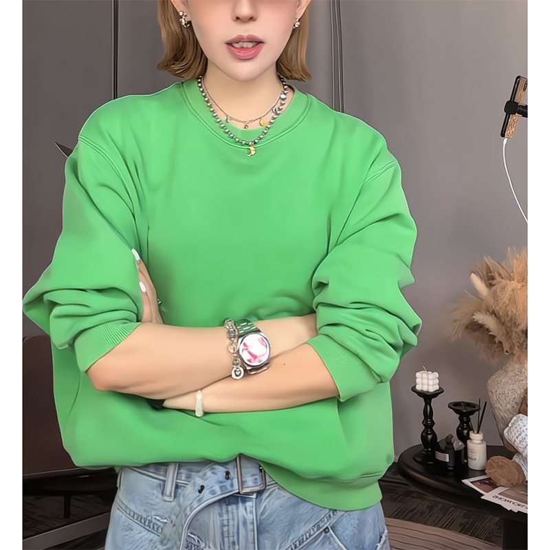 字母绿色长袖卫衣女美式宽松上衣