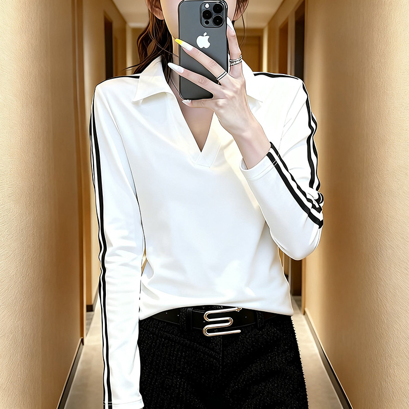 小个子polo领条纹长袖T恤女上衣