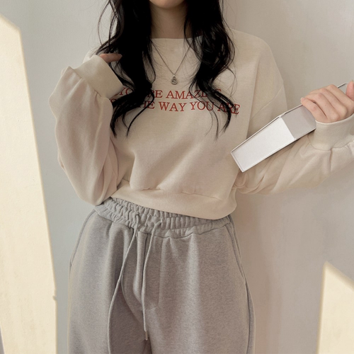 美式小个子短款圆领字母印花卫衣