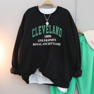 韩式 卫衣女宽松减龄复古百搭黑色上衣春秋体恤潮 字母印花圆领长袖