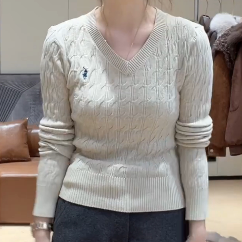 韩系麻花针织衫女秋冬内搭外穿V领长袖修身短款毛衣套头T恤上衣