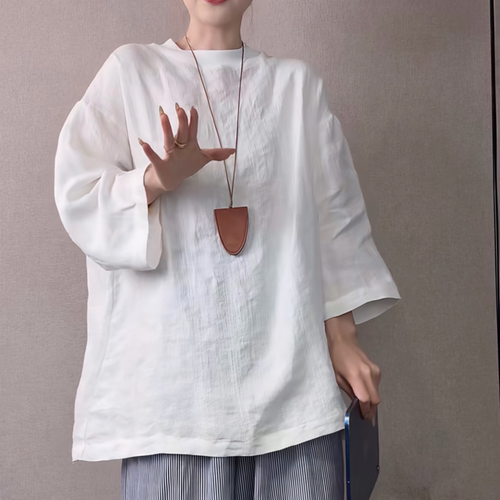 亚麻提花七分袖大码T恤女舒适