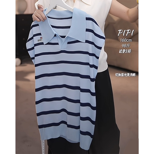 条纹polo领冰丝针织短袖 t夏季 小飞袖 上衣女撞色拼接显瘦翻领小衫