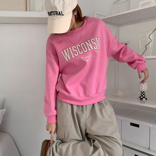 粉色上衣体恤春秋 宽松百搭长袖 韩式 休闲风字母印花圆领卫衣女美式