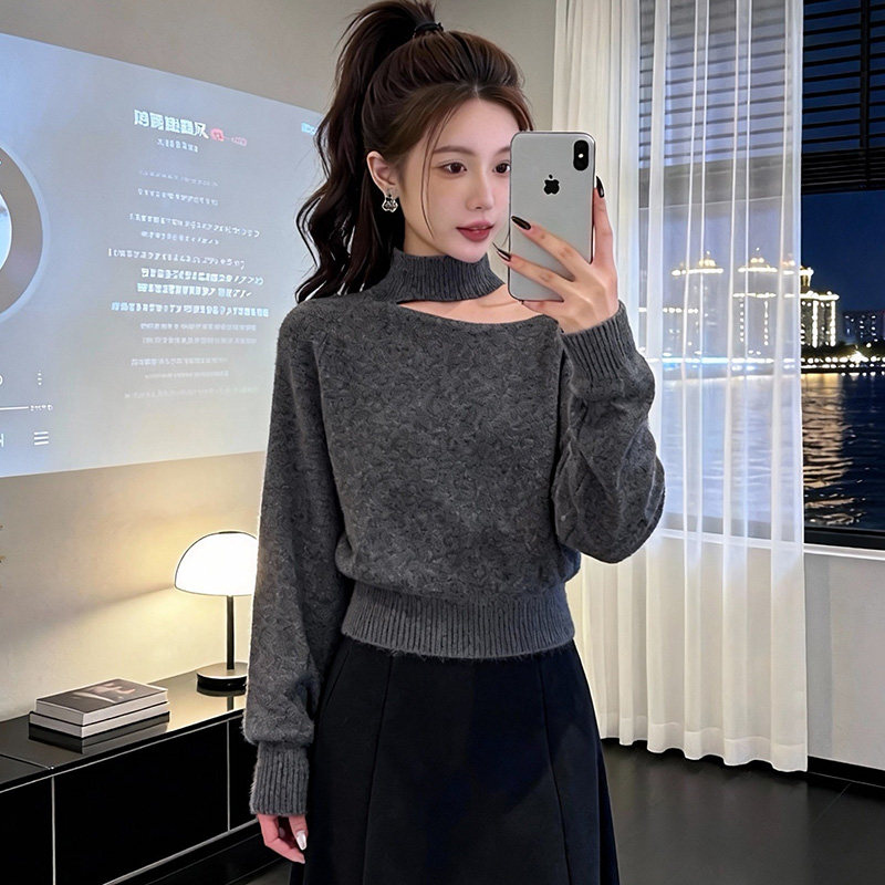 高级感镂空挂脖露肩毛衣女秋冬长袖针织上衣内搭外穿纯欲风打底衫,女装/女士精品,大码内搭,淘宝优惠券,粉丝福利购,淘宝优惠卷