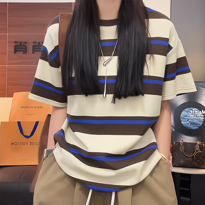 美式BF风宽松圆领条纹短袖T恤女半袖基础款撞色简约慵懒风上衣潮