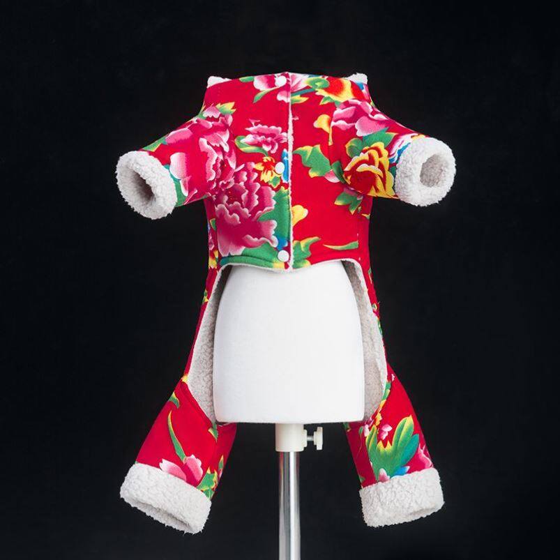 金典东北大红色花袄秋冬加厚保暖狗猫衣服春节喜庆宠物唐装棉衣
