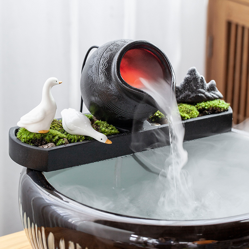 简约现代客厅创意陶瓷小鱼缸鱼池微景观造景循环流水器叠瀑布配件