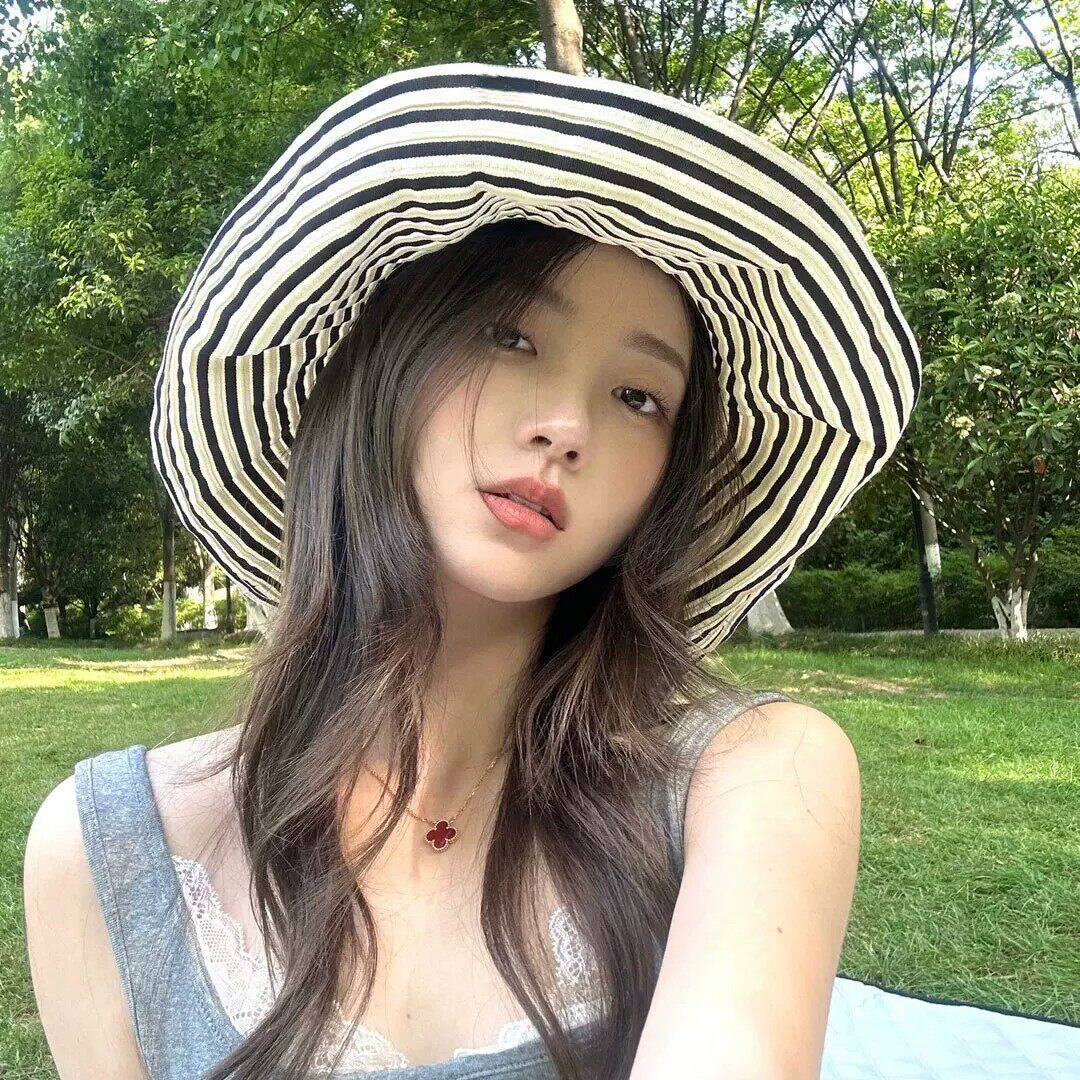 韩系黑色条纹防晒渔夫帽女夏大头围可折叠遮阳帽子大帽檐太阳帽