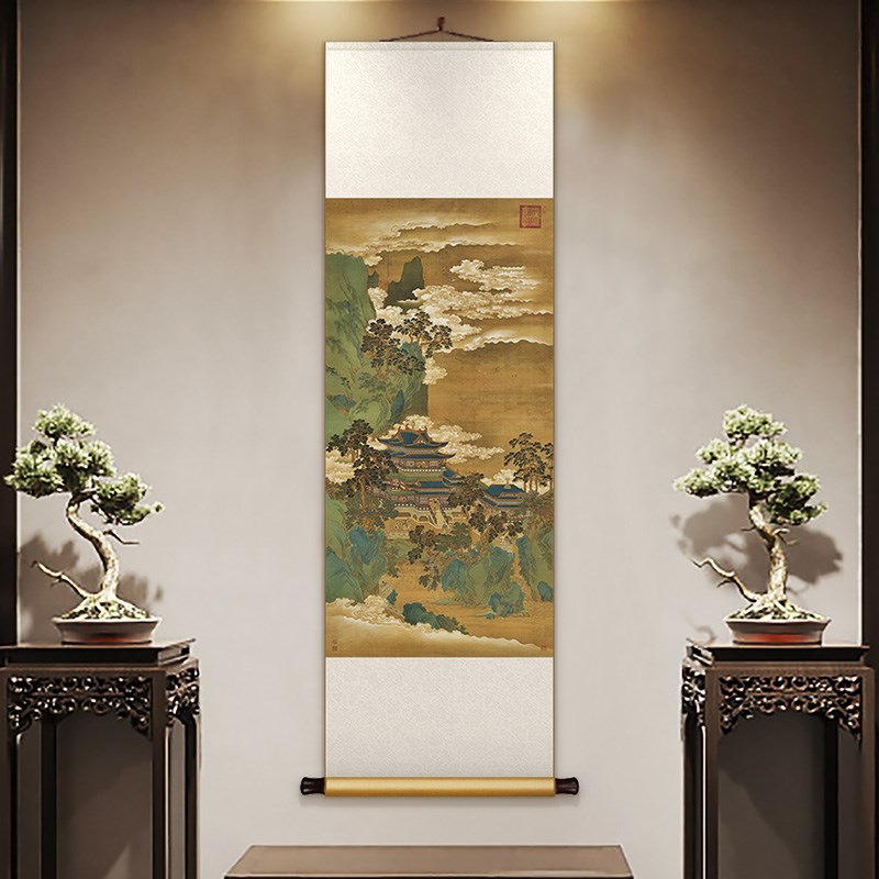 赵伯驹仙山楼阁图卷轴挂画中式书房客厅复古装饰画餐厅玄关墙壁画图片