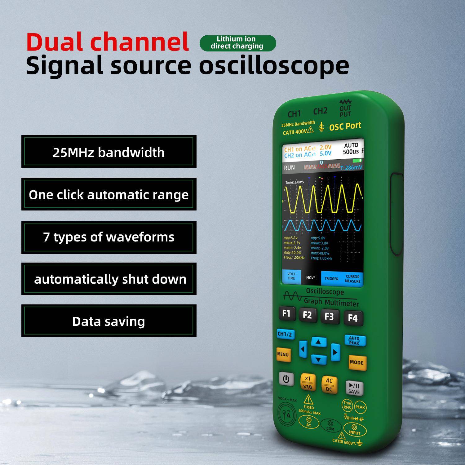 O7数字手持式双通道50MHz示波器信号源器万用表图形表